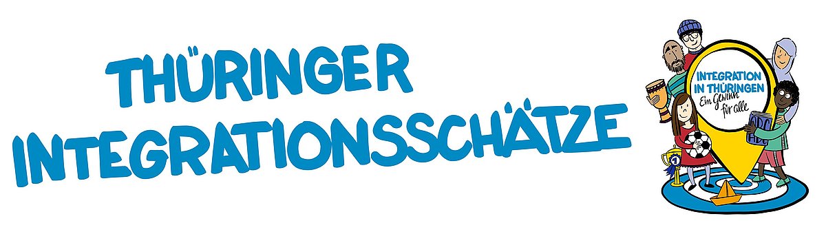 GeoTour Thüringer Integrationsschaetze, weißer Hintergrund, blaue Schrift, Bild mit Pinnadel und gemalten Menschen
